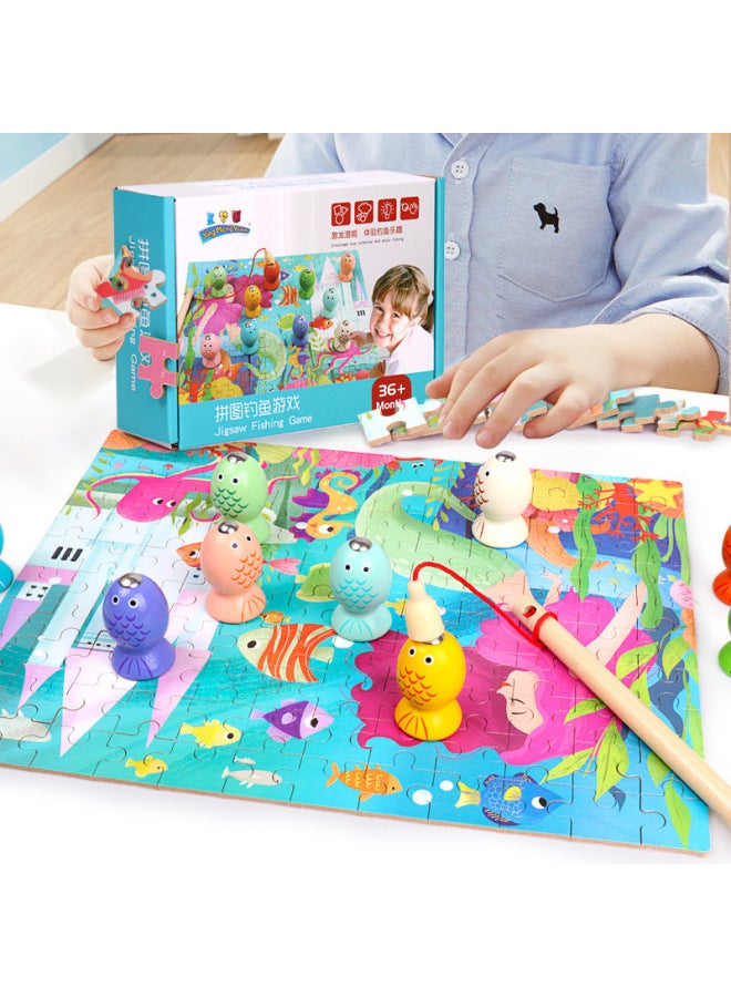 Beauenty Two-in-one Jigsaw Puzzle Magnetic Three-dimensional Fishing Children's Intelligence Assembled Board Game Baby Enlightenment Early Education Wooden Toys-Color:Two-in-one Puzzle Fishing-BTE  - Image 2