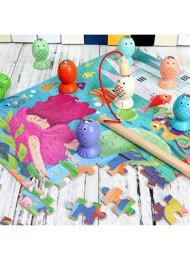 Beauenty Two-in-one Jigsaw Puzzle Magnetic Three-dimensional Fishing Children's Intelligence Assembled Board Game Baby Enlightenment Early Education Wooden Toys-Color:Two-in-one Puzzle Fishing-BTE  - Image 4