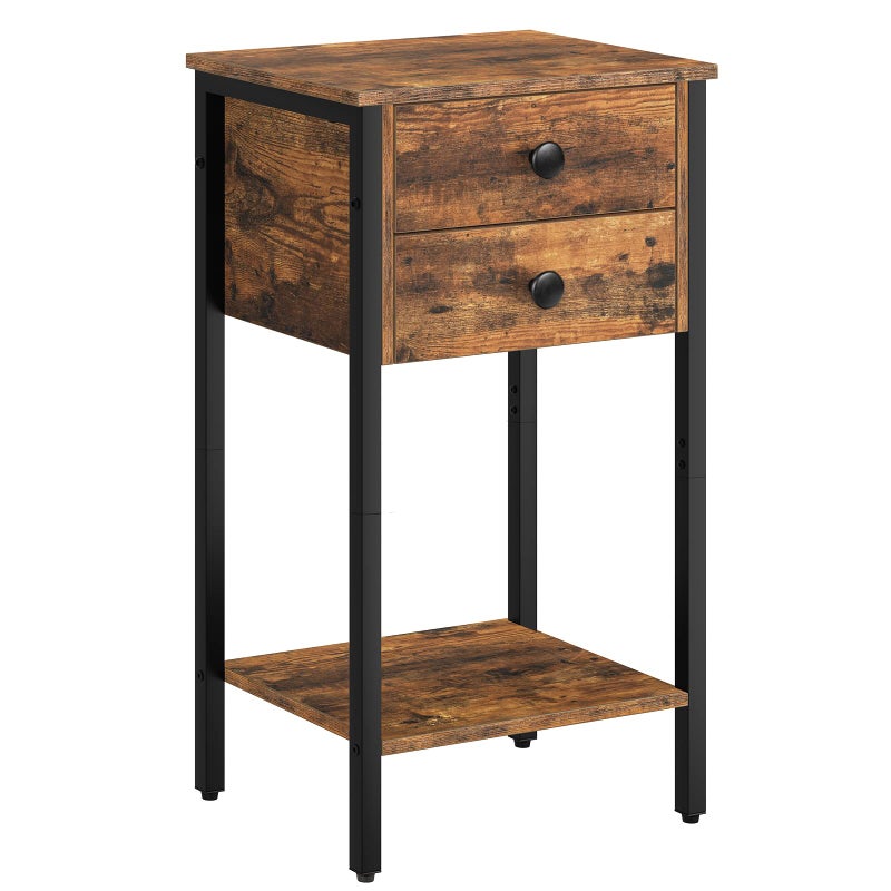 HOOBRO Tall Nightstand End Table with 2 Drawers and Storage Shelf Industrial Telephone Side Table for Study Bedroom Space Saving Easy Assembly Rustic Brown and Black BF72BZ01