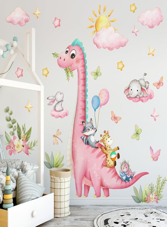 RAINBOW WSK Large Dinosaur Wall Decals Pink Dino Wall Stickers for Baby Girls Room Removable Jungle Animal Dino Wall Mural with Cloud Plants Kids Toddler Nursery Bedroom Decor B15502 - Image 1