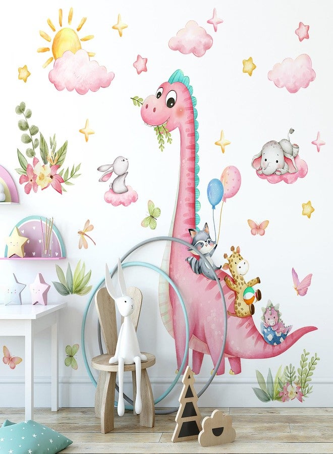 RAINBOW WSK Large Dinosaur Wall Decals Pink Dino Wall Stickers for Baby Girls Room Removable Jungle Animal Dino Wall Mural with Cloud Plants Kids Toddler Nursery Bedroom Decor B15502 - Image 3
