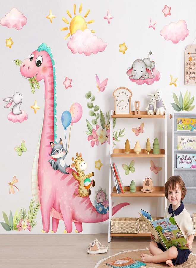 RAINBOW WSK Large Dinosaur Wall Decals Pink Dino Wall Stickers for Baby Girls Room Removable Jungle Animal Dino Wall Mural with Cloud Plants Kids Toddler Nursery Bedroom Decor B15502 - Image 2