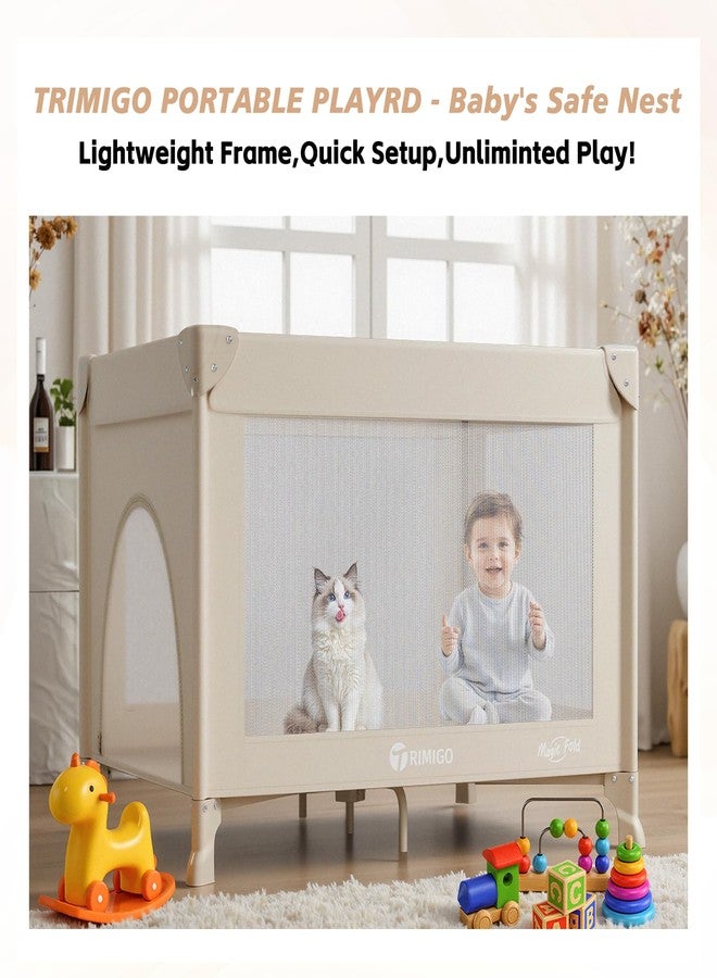 Trimigo Baby Playard, Portable Travel Crib,Baby Playpen - Baby Safe Folding Travel Bed w/Mattress, Breathable Mesh | Compact Lightweight Baby Bed for Babies & Toddlers (Khaki) - Image 2