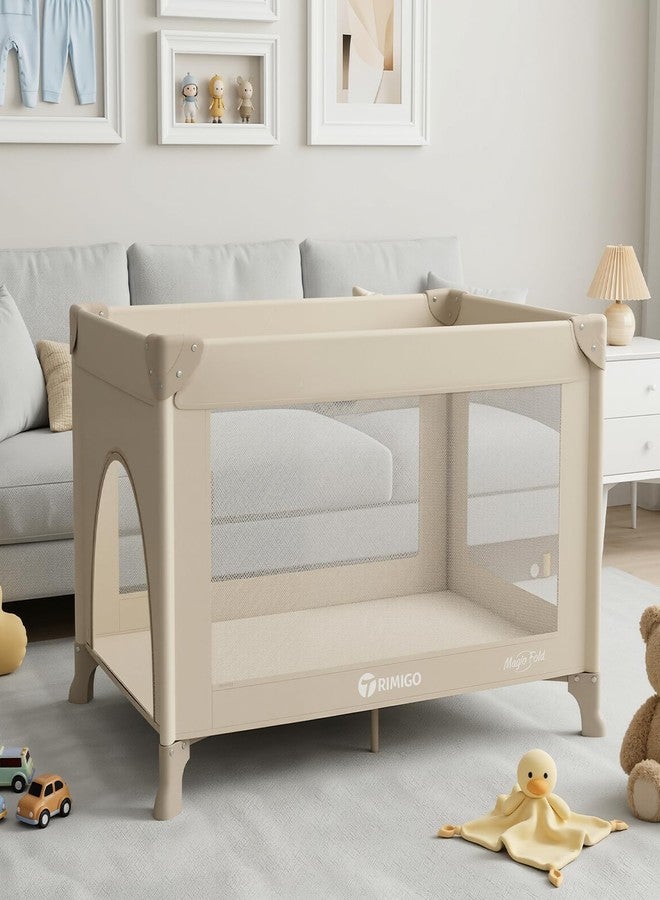 Trimigo Baby Playard, Portable Travel Crib,Baby Playpen - Baby Safe Folding Travel Bed w/Mattress, Breathable Mesh | Compact Lightweight Baby Bed for Babies & Toddlers (Khaki) - Image 1
