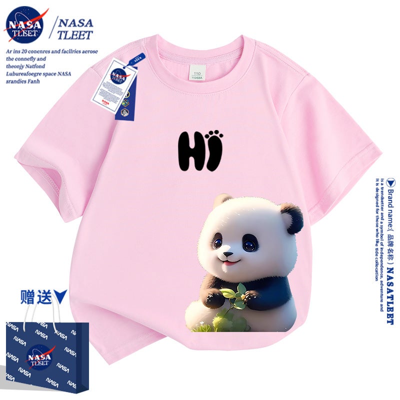 Nasa Joint Cartoon Cute Panda Short Sleeve Children'S Clothing For Men And Women Panda All-Match Foreign Style Cotton T-Shirt - Image 3
