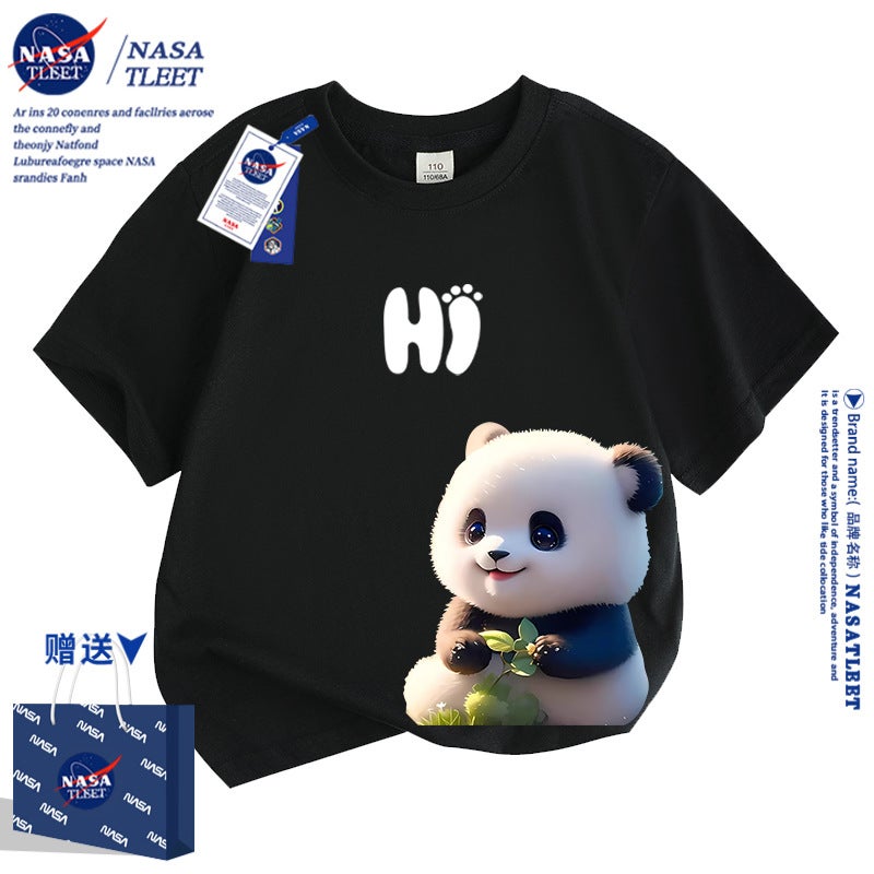 Nasa Joint Cartoon Cute Panda Short Sleeve Children'S Clothing For Men And Women Panda All-Match Foreign Style Cotton T-Shirt - Image 4