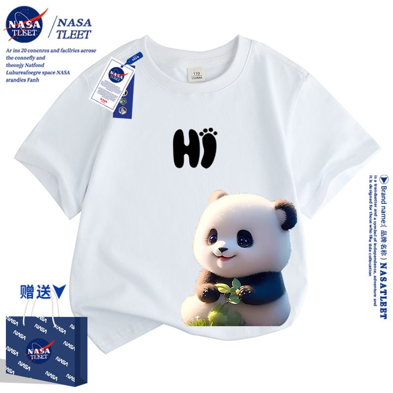 Nasa Joint Cartoon Cute Panda Short Sleeve Children'S Clothing For Men And Women Panda All-Match Foreign Style Cotton T-Shirt - Image 2