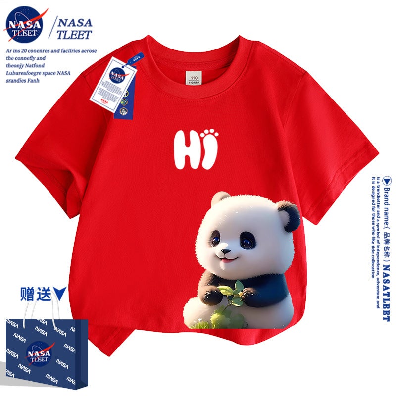 Nasa Joint Cartoon Cute Panda Short Sleeve Children'S Clothing For Men And Women Panda All-Match Foreign Style Cotton T-Shirt - Image 5