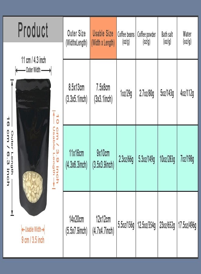 MITOB 100 Pieces Stand Up Mylar Bags Plastic Window Pouch for Zip Food Storage Lock Aluminum Foil Bag Candy Packing Zipper Lock Resealable (4.3x6.3 inch, Black) - Image 4