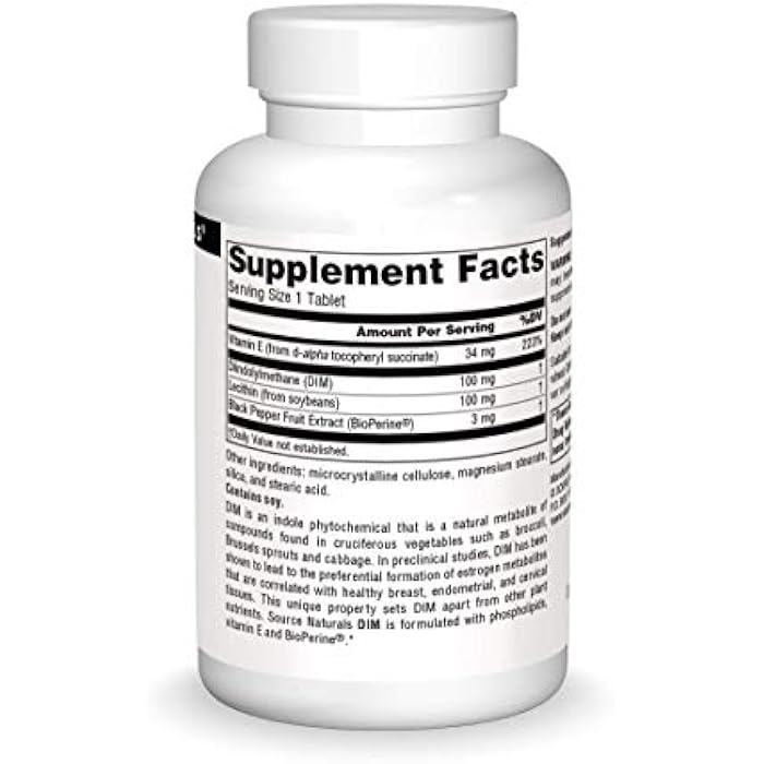 Source Naturals DIM, Diindolylmethane 100mg with BioPerine, Vitamin E & More - 60 Tablets - Image 3