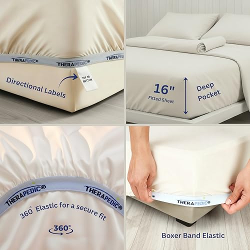 Therapedic 100% Egyptian Cotton Queen 6-Piece Sheet Set – Naturally Cooling & Breathable Sateen, Preshrunk Garment Wash, 16" Deep Pocket Fitted Sheet, Bonus Pillowcases, Soft & Durable - Light Blue - Image 4