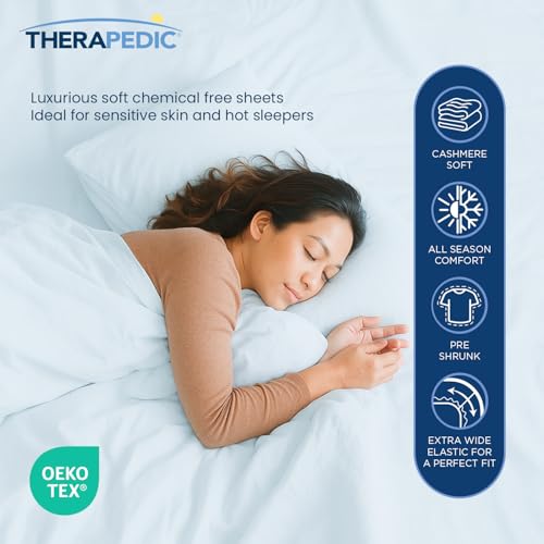 Therapedic 100% Egyptian Cotton Queen 6-Piece Sheet Set – Naturally Cooling & Breathable Sateen, Preshrunk Garment Wash, 16" Deep Pocket Fitted Sheet, Bonus Pillowcases, Soft & Durable - Light Blue - Image 2