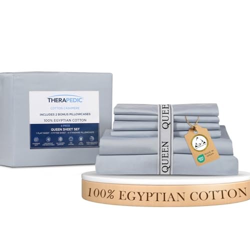 Therapedic 100% Egyptian Cotton Queen 6-Piece Sheet Set – Naturally Cooling & Breathable Sateen, Preshrunk Garment Wash, 16" Deep Pocket Fitted Sheet, Bonus Pillowcases, Soft & Durable - Light Blue - Image 1