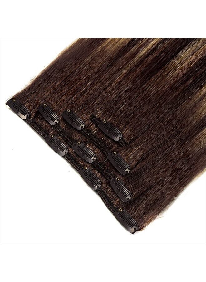 Winsky - 14" Clip in Hair Extensions Balayage Human Hair for Women - 4pieces Silky Straight Chocolate Brown to Honey Blonde Highlight Brown Ombre Hair 50grams #(4T27) P4 Color - Image 1