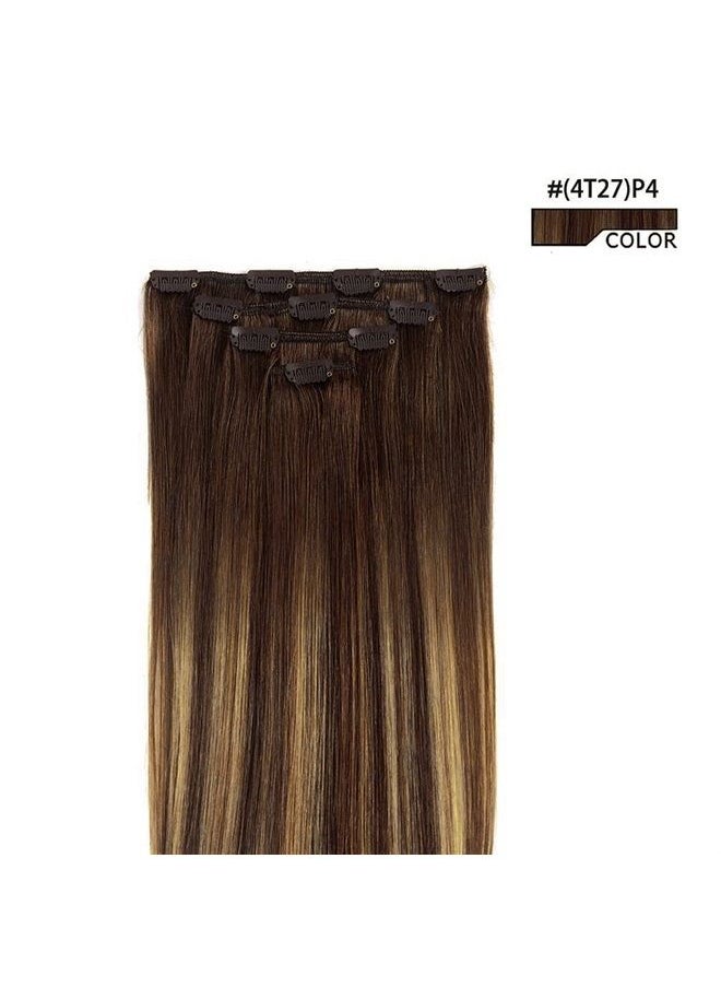 Winsky - 14" Clip in Hair Extensions Balayage Human Hair for Women - 4pieces Silky Straight Chocolate Brown to Honey Blonde Highlight Brown Ombre Hair 50grams #(4T27) P4 Color - Image 1