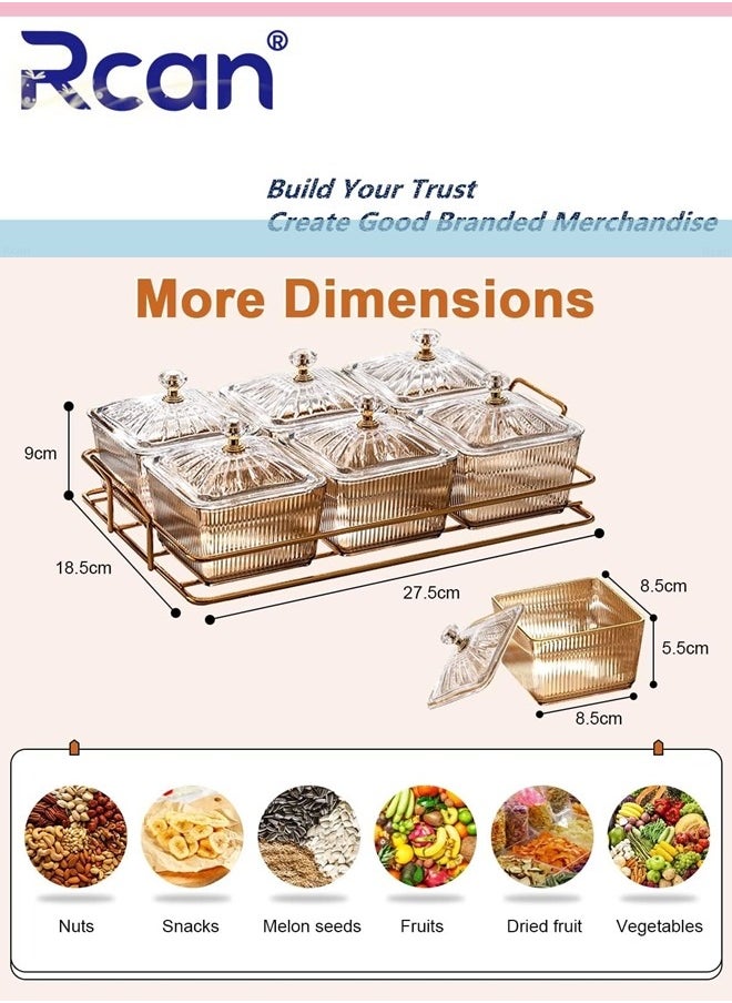 Rcan - Snack Serving Tray with Lid 6 Clear Candy and Nut Serving Container set with Metal Rack Plastic Appetizer Platter Relish Storage Organizer Plate Food Display Bowls for Vegetables Candy Fruit Dips - Image 1
