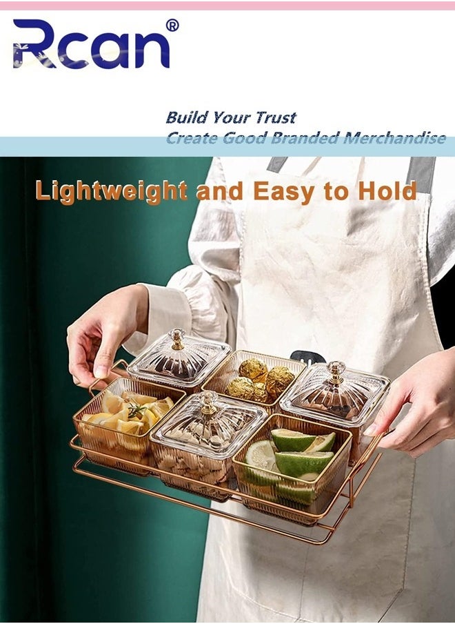 Rcan - Snack Serving Tray with Lid 6 Clear Candy and Nut Serving Container set with Metal Rack Plastic Appetizer Platter Relish Storage Organizer Plate Food Display Bowls for Vegetables Candy Fruit Dips - Image 1