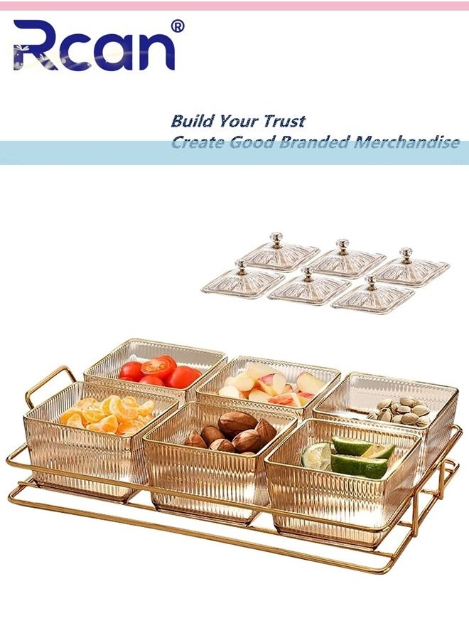 Rcan - Snack Serving Tray with Lid 6 Clear Candy and Nut Serving Container set with Metal Rack Plastic Appetizer Platter Relish Storage Organizer Plate Food Display Bowls for Vegetables Candy Fruit Dips - Image 1