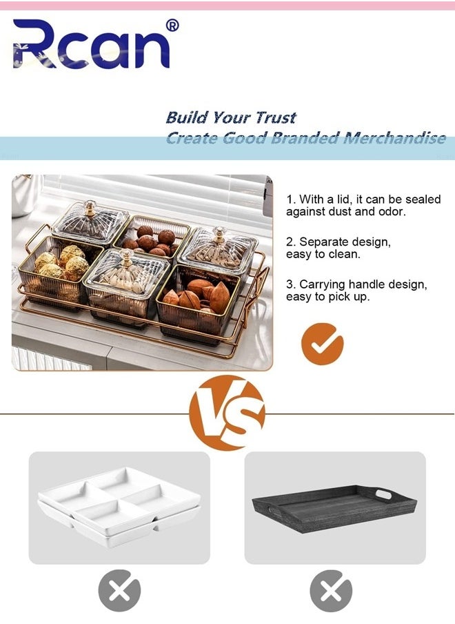 Rcan - Snack Serving Tray with Lid 6 Clear Candy and Nut Serving Container set with Metal Rack Plastic Appetizer Platter Relish Storage Organizer Plate Food Display Bowls for Vegetables Candy Fruit Dips - Image 1