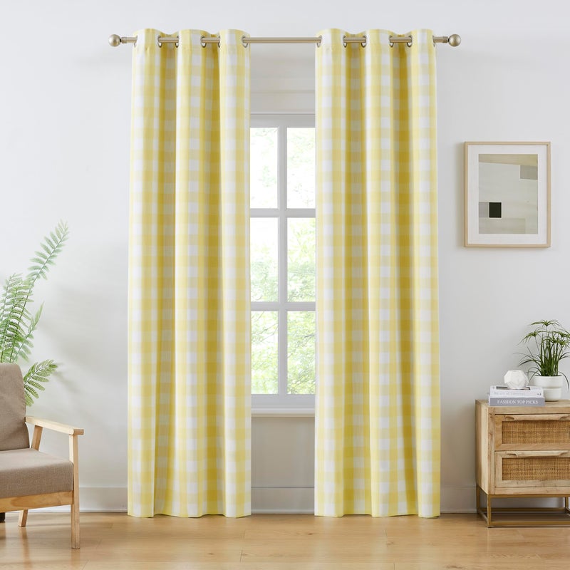 Amzdecor Yellow White Buffalo Plaid Full Blackout Curtains 84 Inch Long for Bedroom Living Room Farmhouse Check Patterned Drapes Thermal Insulated Soundproof Grommet Window Treatment, 2 Panels,40"x84" - Image 1