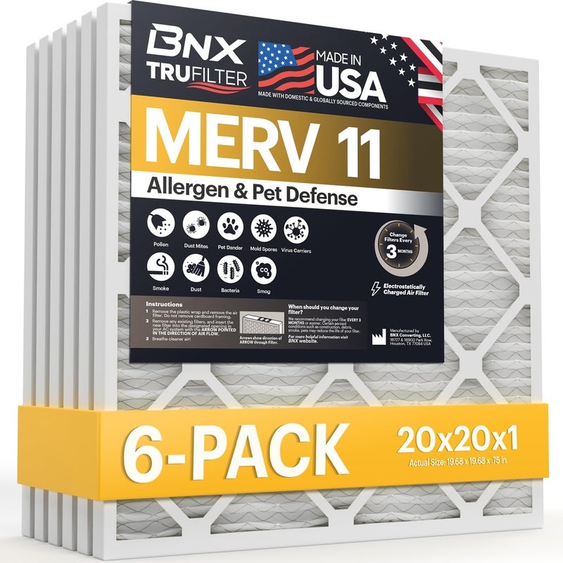 BNX TruFilter 20x20x1 Air Filter MERV 11 (6-Pack) - MADE IN USA - Allergen Defense Electrostatic Pleated Air Conditioner HVAC AC Furnace Filters for Allergies, Dust, Pet, Smoke, Allergy MPR 1200 FPR 7 - Image 1