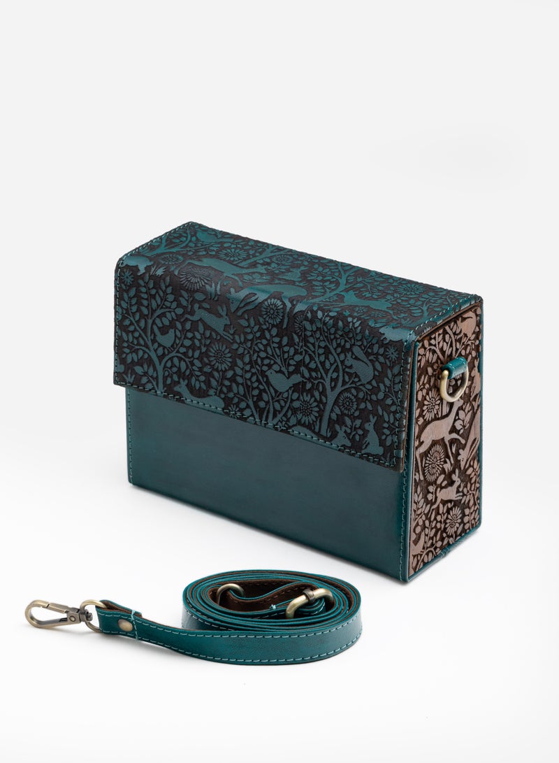 FABRICA KRAFT FABRICAKRAFT Verde Fauna Carved Messenger Bag with Vegetable Tanned Genuine Leather and Teak Wood  - Image 1