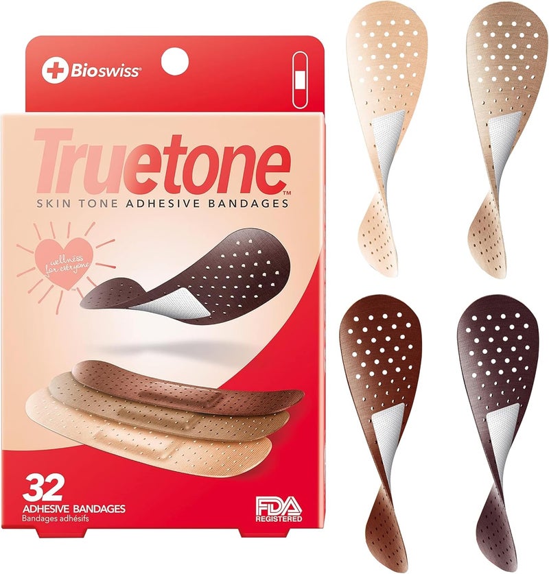 BioSwiss لصقات بيو سويس تروتون لمجموعة ألوان البشرة مع درجات لون البشرة البنية لمطابقة الألوان الحقيقية لضمادات الإسعافات الأولية خالية من اللاتكس شكل قياسي للأطفال والبالغين 32 حزمة - Image 1
