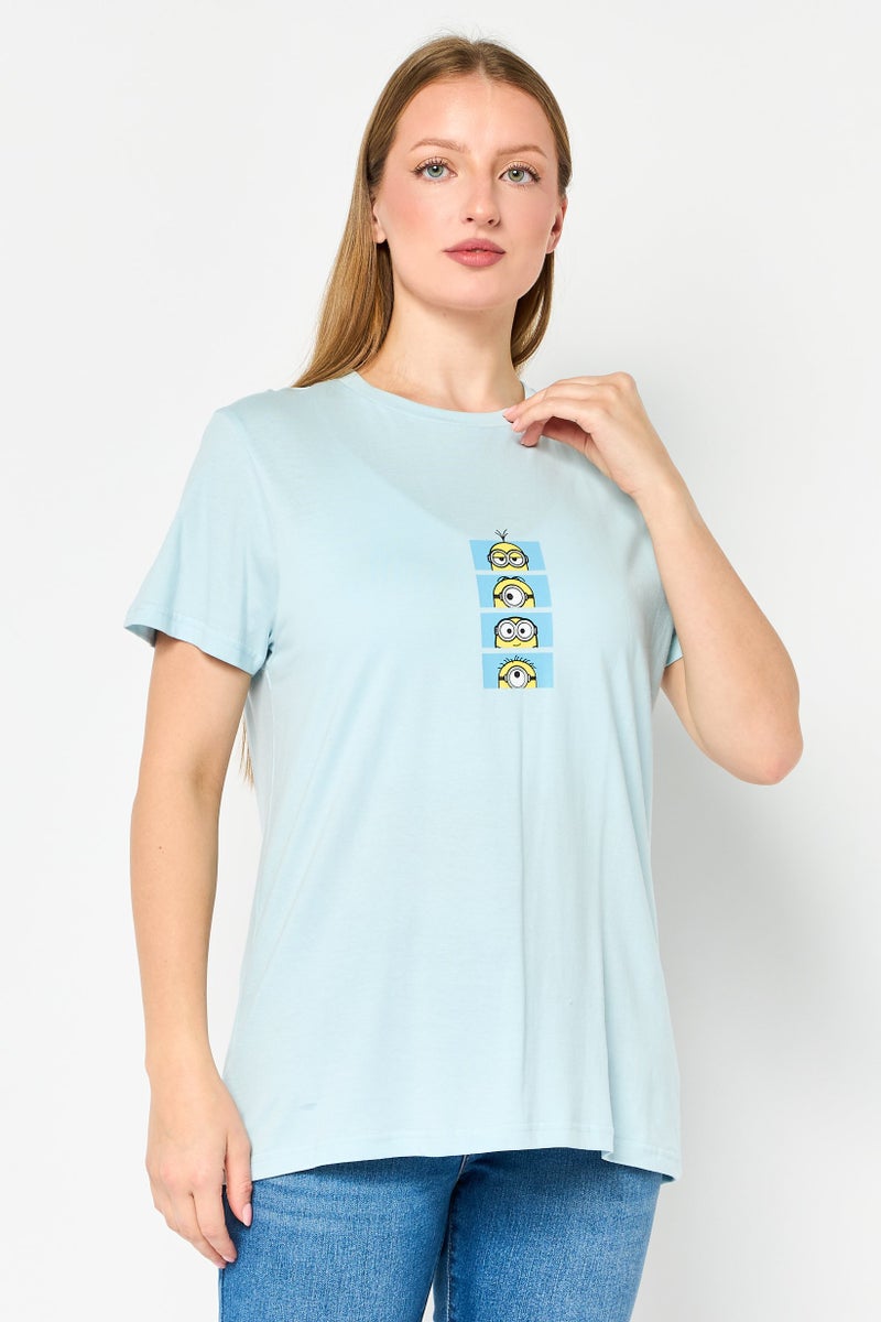 Minions Women Crew Neck Short Sleeve Graphic Print T-shirt, Pastel Blue - Image 1