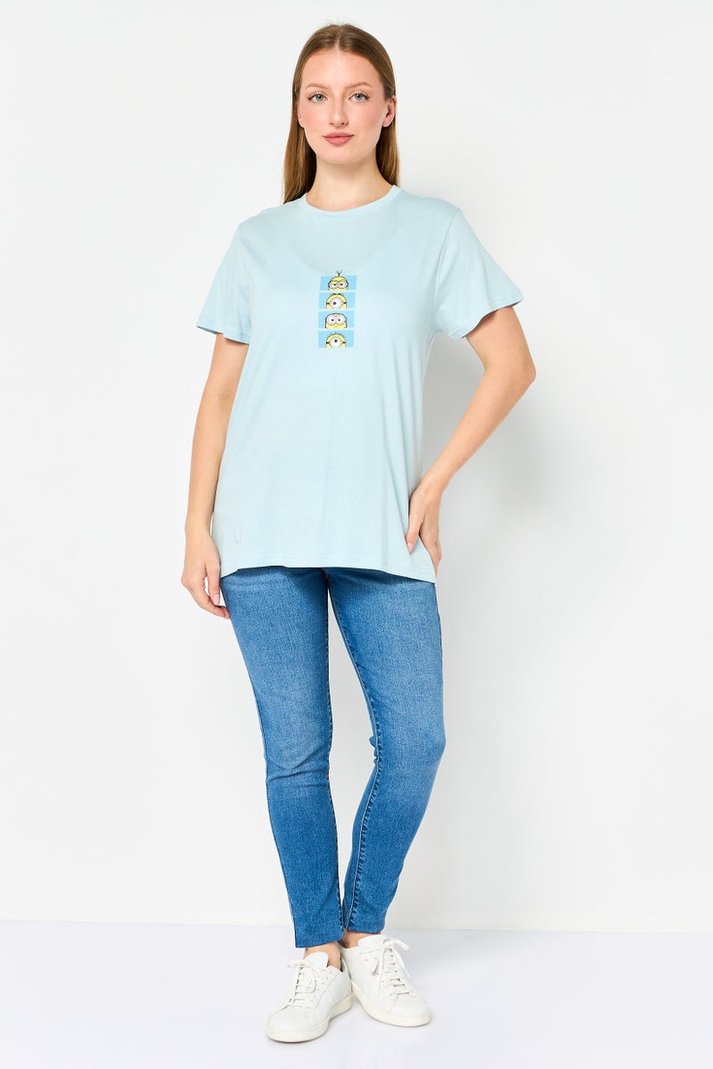 Minions Women Crew Neck Short Sleeve Graphic Print T-shirt, Pastel Blue - Image 2
