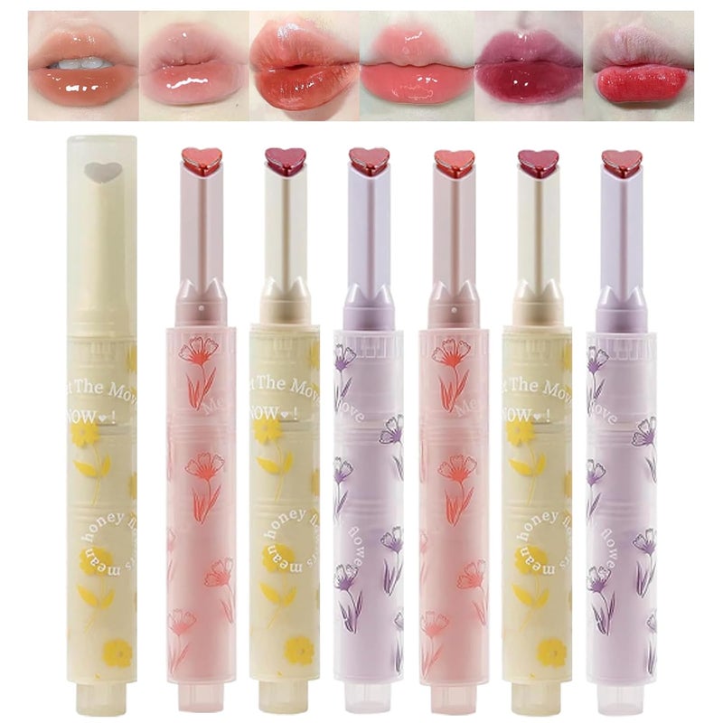 6pcs Flower Jelly Lipstick Set 6 Colors Heart Shape Moisturizing Lip Glaze Glossy Hydrating Lip Gloss Mirror Effect Lip Balm Makeup Pen for Fuller Lips