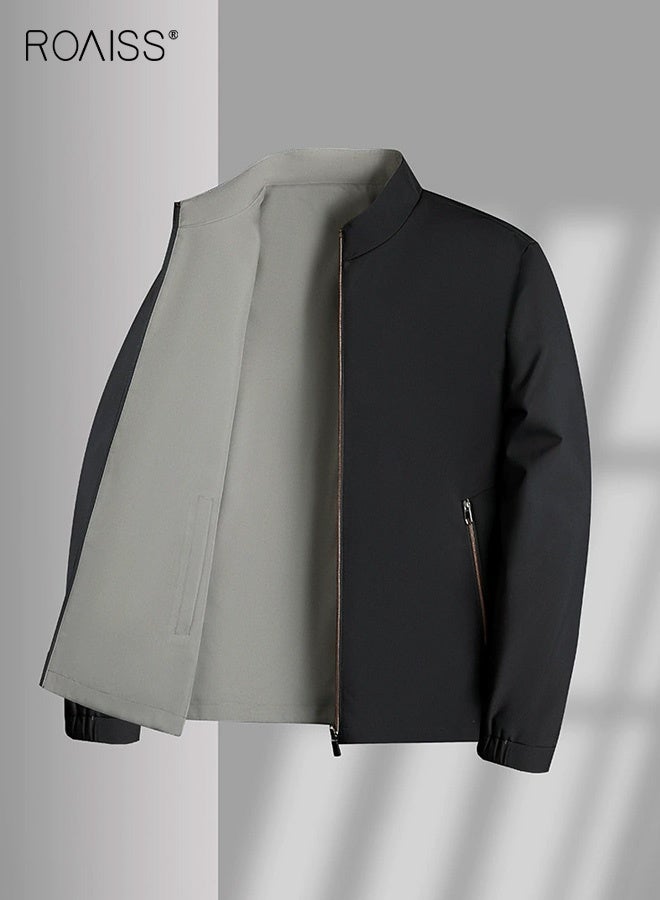 رويس جاكيت رجالي بسحاب مزدوج الجوانب مناسب لفصل الربيع والخريف، مقاوم للرياح ومضاد للتجاعيد، بلون سادة، متعدد الاستخدامات، قابل للعكس، مناسب للارتداء في المكتب والمناسبات غير الرسمية - Image 1