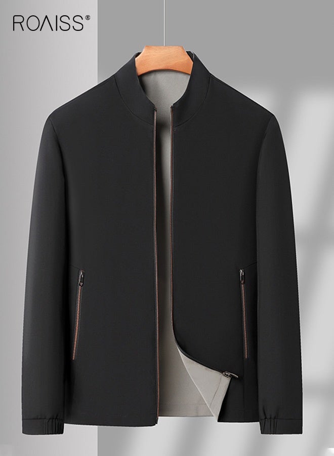 رويس جاكيت رجالي بسحاب مزدوج الجوانب مناسب لفصل الربيع والخريف، مقاوم للرياح ومضاد للتجاعيد، بلون سادة، متعدد الاستخدامات، قابل للعكس، مناسب للارتداء في المكتب والمناسبات غير الرسمية - Image 2