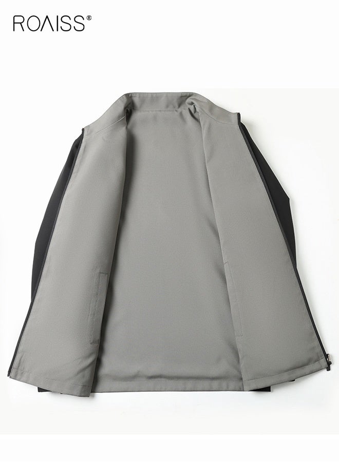 رويس جاكيت رجالي بسحاب مزدوج الجوانب مناسب لفصل الربيع والخريف، مقاوم للرياح ومضاد للتجاعيد، بلون سادة، متعدد الاستخدامات، قابل للعكس، مناسب للارتداء في المكتب والمناسبات غير الرسمية - Image 4