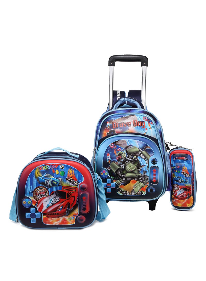ستارجولد حقيبة ظهر للأطفال من 3 قطع للأولاد الصغار، 1 حقيبة غداء، 1 صندوق أقلام و1 حقيبة بحزام قابل للتعديل للمدرسة، 2 عجلات، 14 بوصة، موضوع الأبطال الخارقين - Image 1