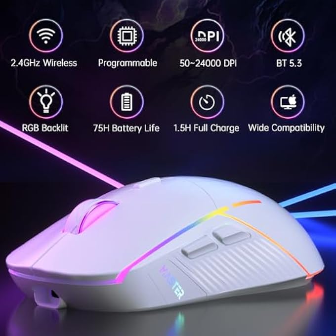 Master WIRELESS GAMING MOUSE, 24000 DPI, TRI-MODE 2.4G/USB-C/BLUETOOTH 5.3 GAMING MOUSE WIRELESS, RGB PROGRAMMABLE MOUSE GAMER, 75HRS BATTERY LIFE, RECHARGEABLE GAMING MICE FOR PC, MAC, PS5, XBOX - WHITE - Image 2