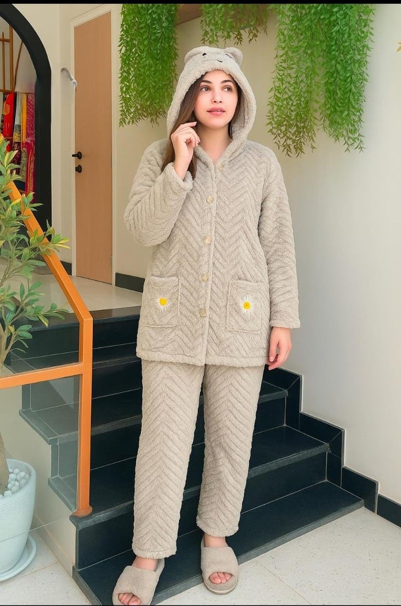 Ukal Women's Wool Blend & Fleece Long Sleeve Pullover Hoodies Set Full Length Winter Nightwear Pajama and top Set Tracksuit Gym Suit Night Suit (in, Alpha, M, Plus Size, Grey) - Image 2