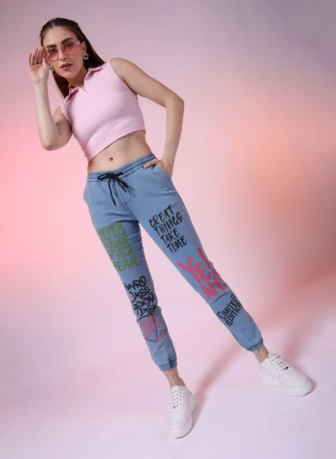 Women Regular Fit Printed Mid-Rise Denim Joggers