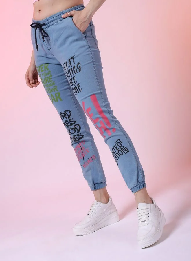 Freehand  Women Regular Fit Printed Mid-Rise Denim Joggers for Women | Best Price UAE