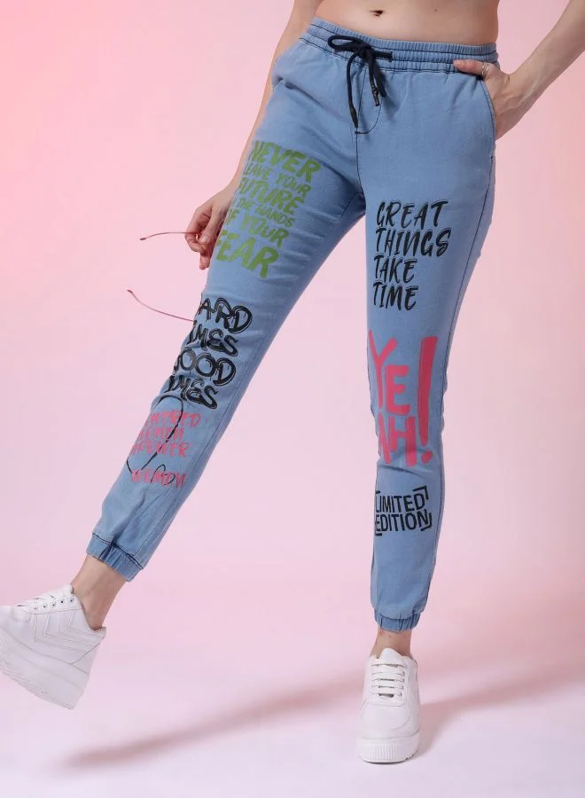 Freehand  Women Regular Fit Printed Mid-Rise Denim Joggers for Women | Best Price UAE