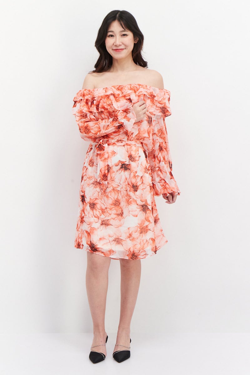 Vila Women Floral Printed Mini Dress, Red Combo - Image 1