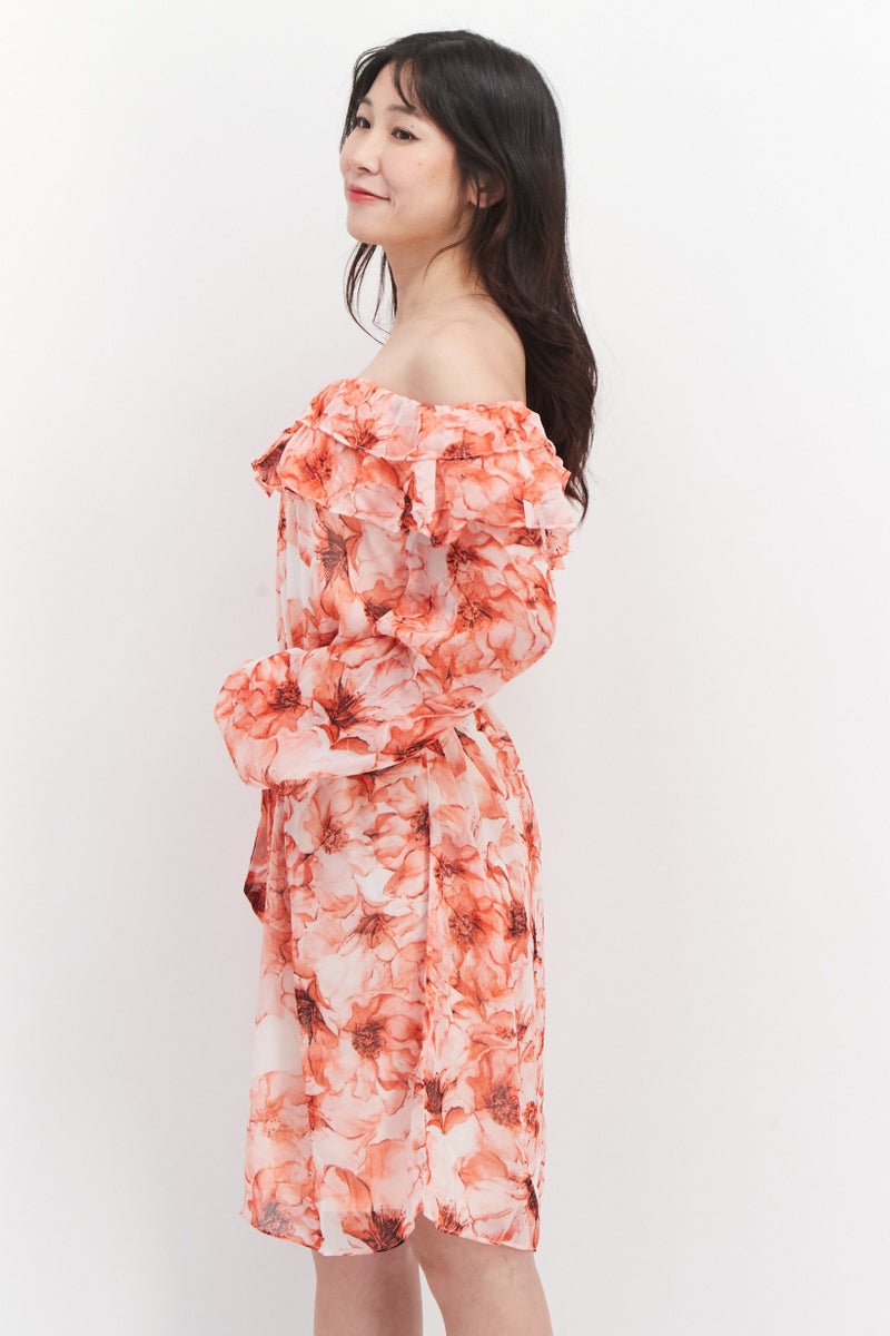 Vila Women Floral Printed Mini Dress, Red Combo - Image 2