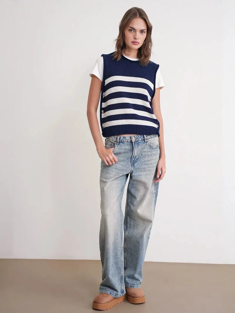 MixRay MIXRAY Striped Knit Top with Button Detail