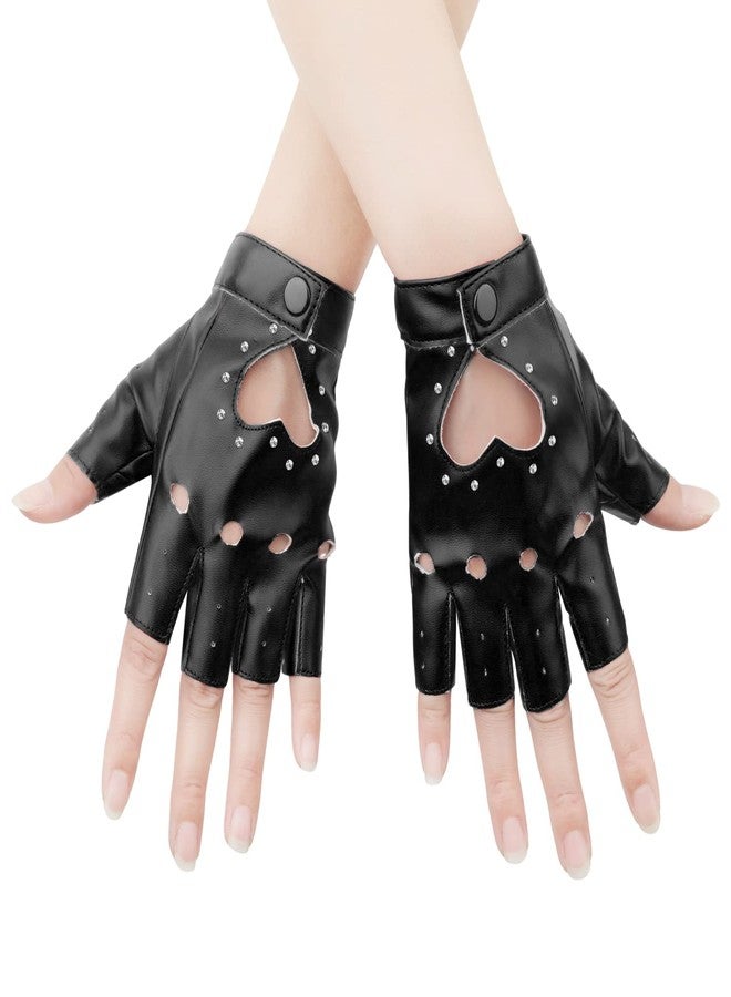 KINBOM 1 Pair Half Finger Leather Gloves, Stylish Fingerless Gloves with Rhinestone for Women, Teens, Cosplay & Performance (Black, Medium) - Image 1