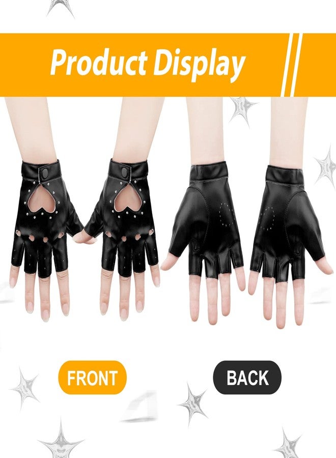 KINBOM 1 Pair Half Finger Leather Gloves, Stylish Fingerless Gloves with Rhinestone for Women, Teens, Cosplay & Performance (Black, Medium) - Image 3
