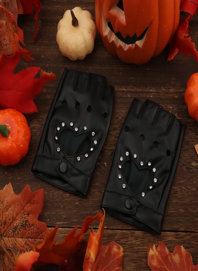 KINBOM 1 Pair Half Finger Leather Gloves, Stylish Fingerless Gloves with Rhinestone for Women, Teens, Cosplay & Performance (Black, Medium) - Image 5
