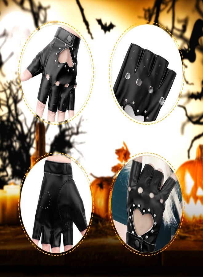 KINBOM 1 Pair Half Finger Leather Gloves, Stylish Fingerless Gloves with Rhinestone for Women, Teens, Cosplay & Performance (Black, Medium) - Image 4