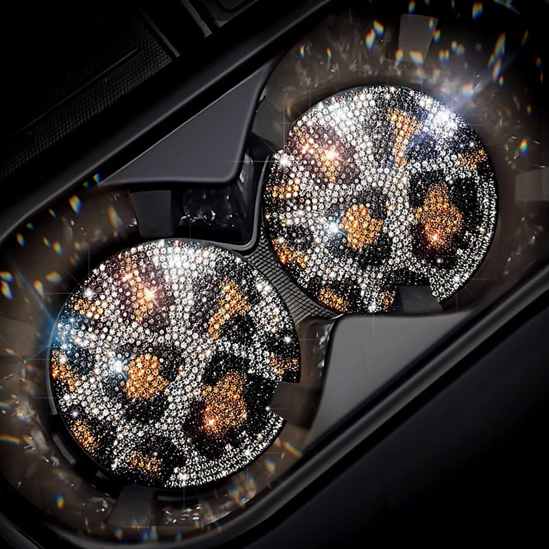 Murimt Bling Car Accessories Water Coaster for Women,Leopard Print Rhinestone Car Coasters, Drink Coasters 2.75in(2 pcs) - Image 1