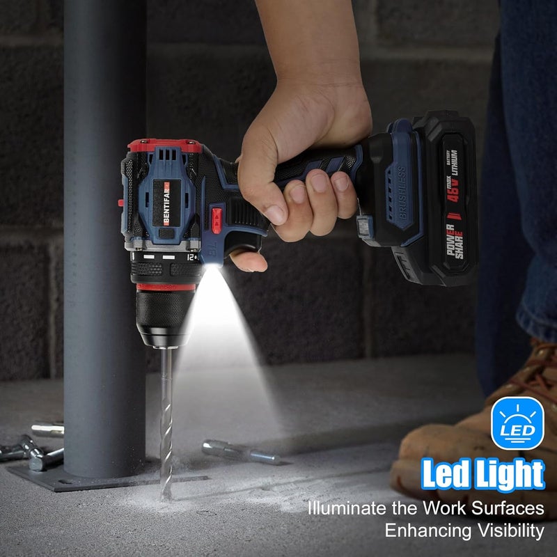 Bentifar 48V Cordless Drill Set, Brushless Electric Drill With 2 Batteries And Charger, 2-Speed Power Drill Driver With 50 Torque Settings, Built-In Led Light, And Storage Case (Blue-A) - Image 2