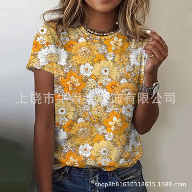 Summer 3Dt Shirt Short Sleeve Leisure Floral Wind Printing Ladies Short Sleeve T-Shirt - Image 1