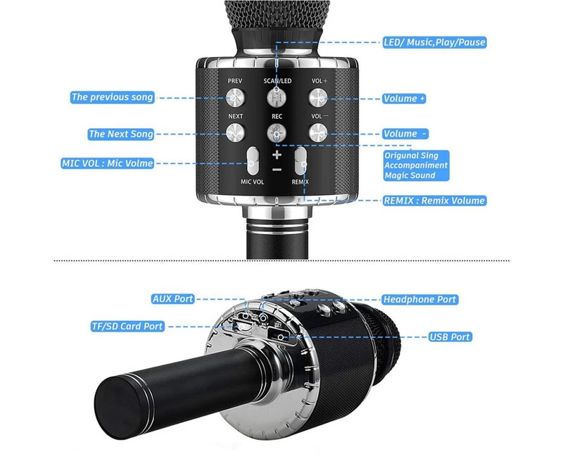 Bluetooth Microphone Wireless Karaoke Bluetooth Microphone Built-in Speaker Colour Lights-Black - Image 4